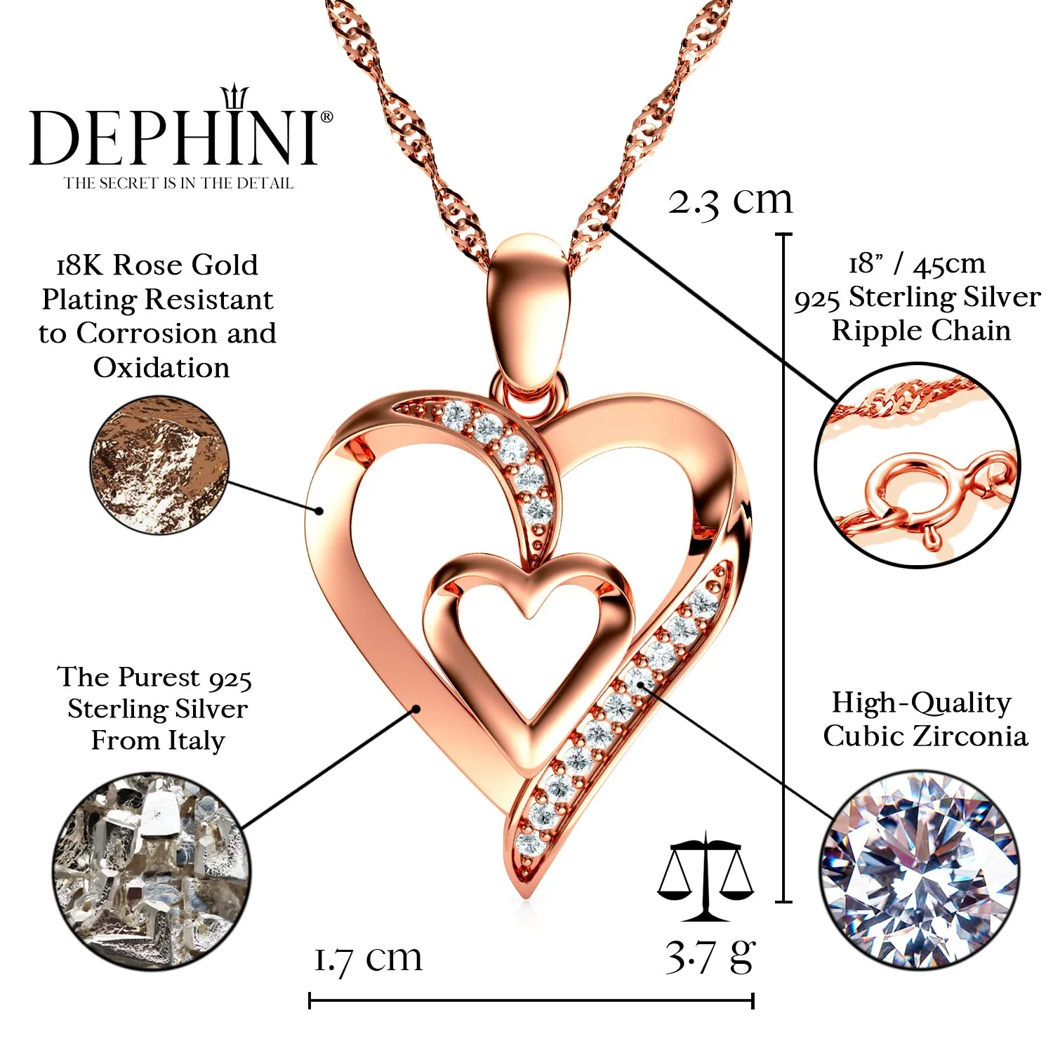 Rose Gold Heart Set Necklace Earrings Gold Plated 925 Silver Dephini