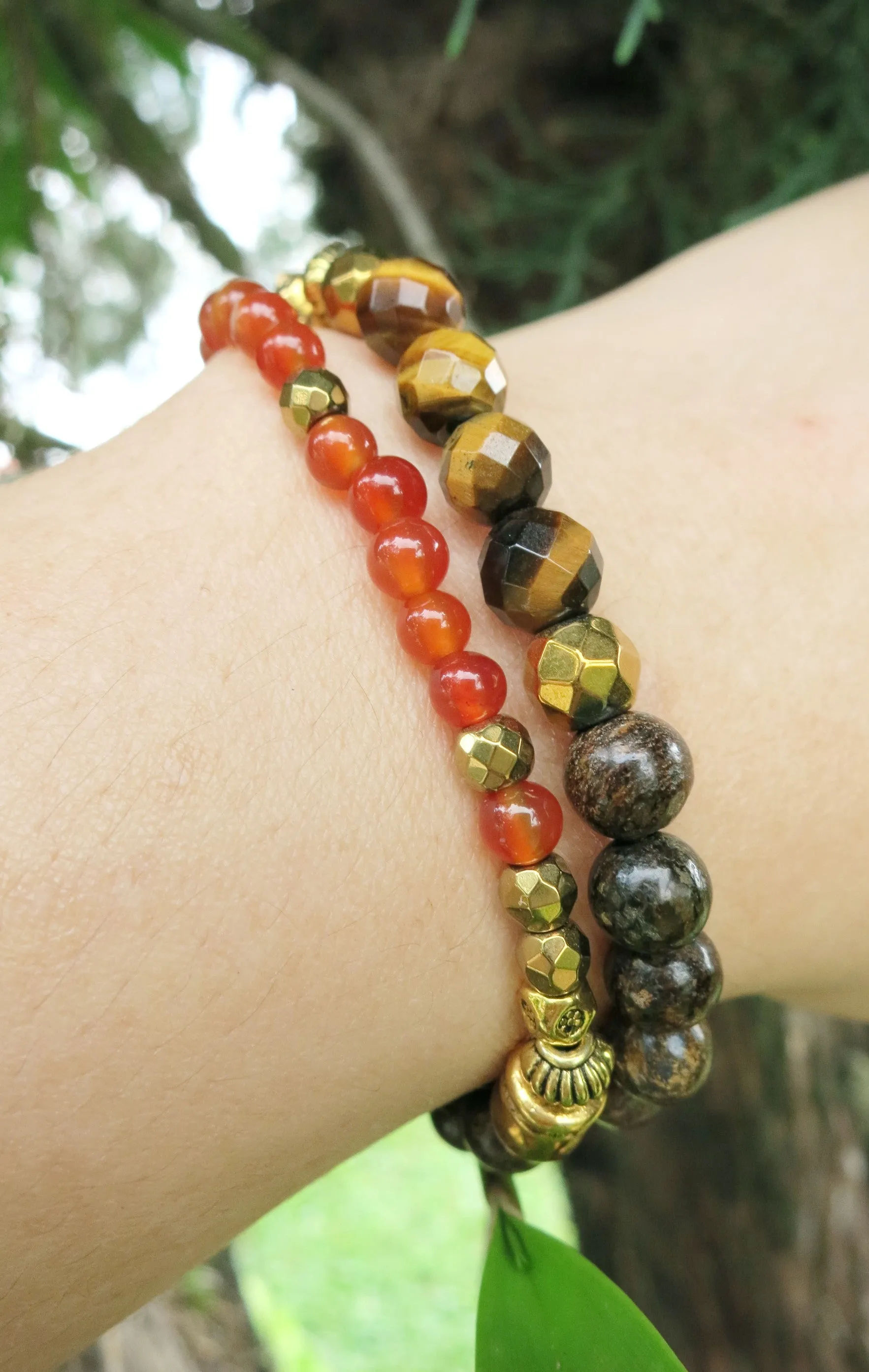 SALE - Bronzite, Carnelian Natural Stones Double Strand Bracelet