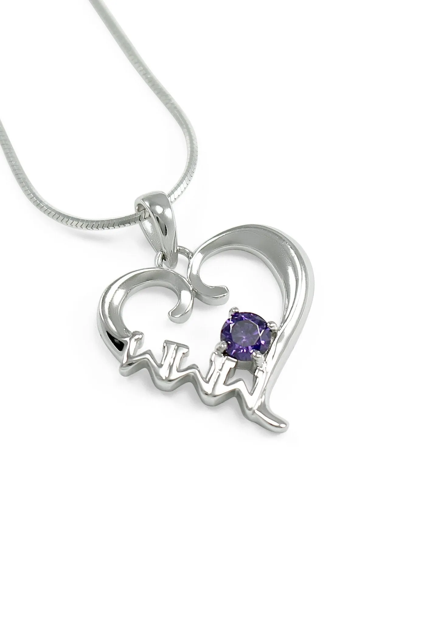 Sigma Sigma Sigma Sterling Silver Heart pendant with Purple CZ crystal