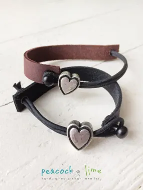 simple modern single strap leather bracelet with pewter heart slider