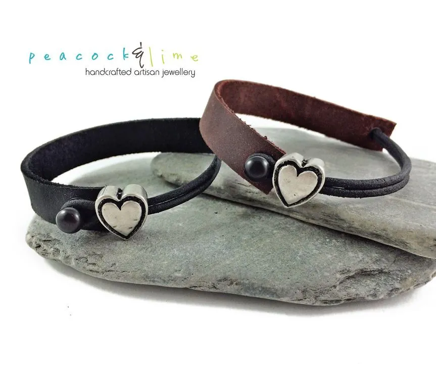 simple modern single strap leather bracelet with pewter heart slider