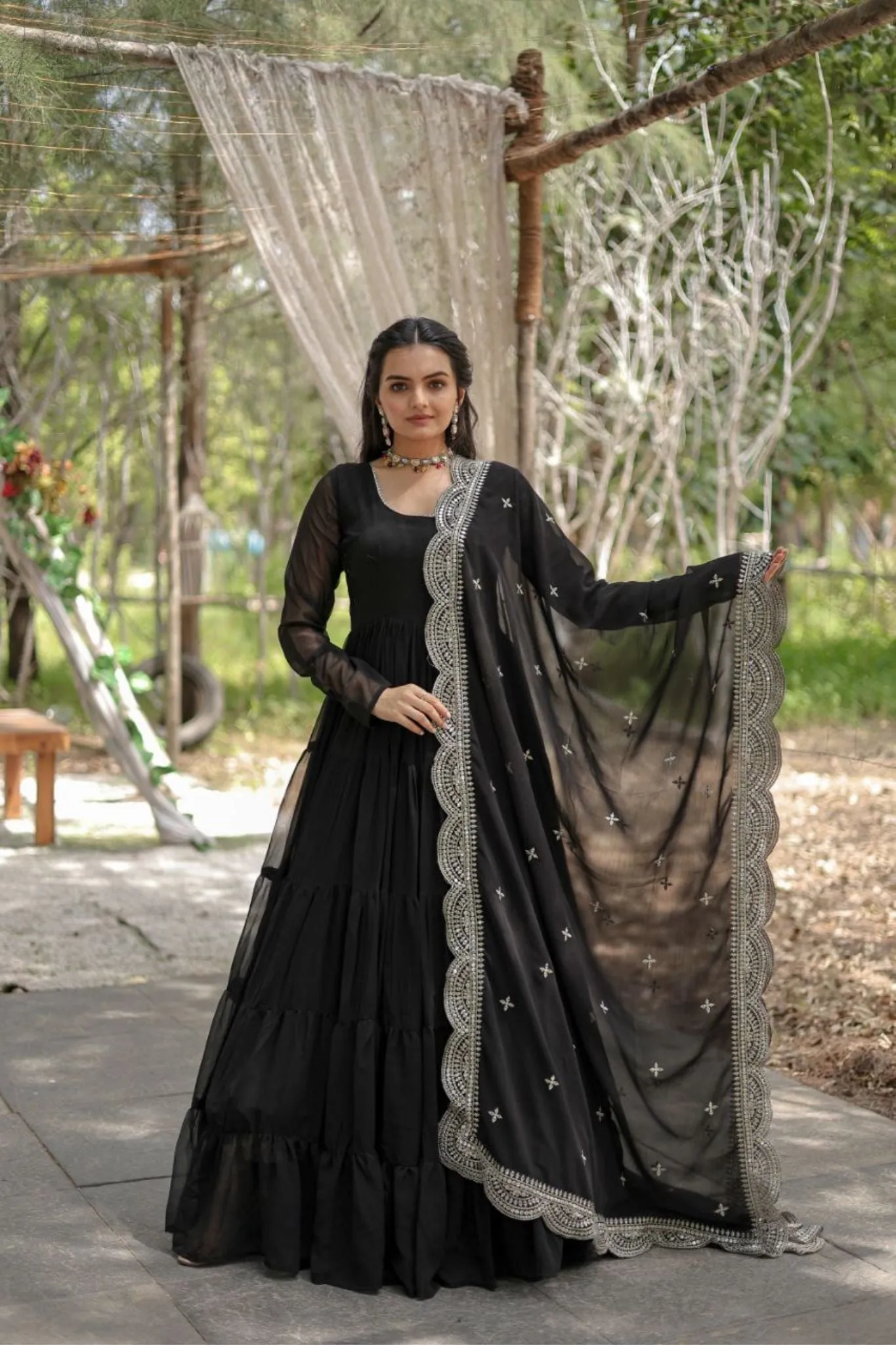 Stylish Women Tiered Gown With Dupatta Set