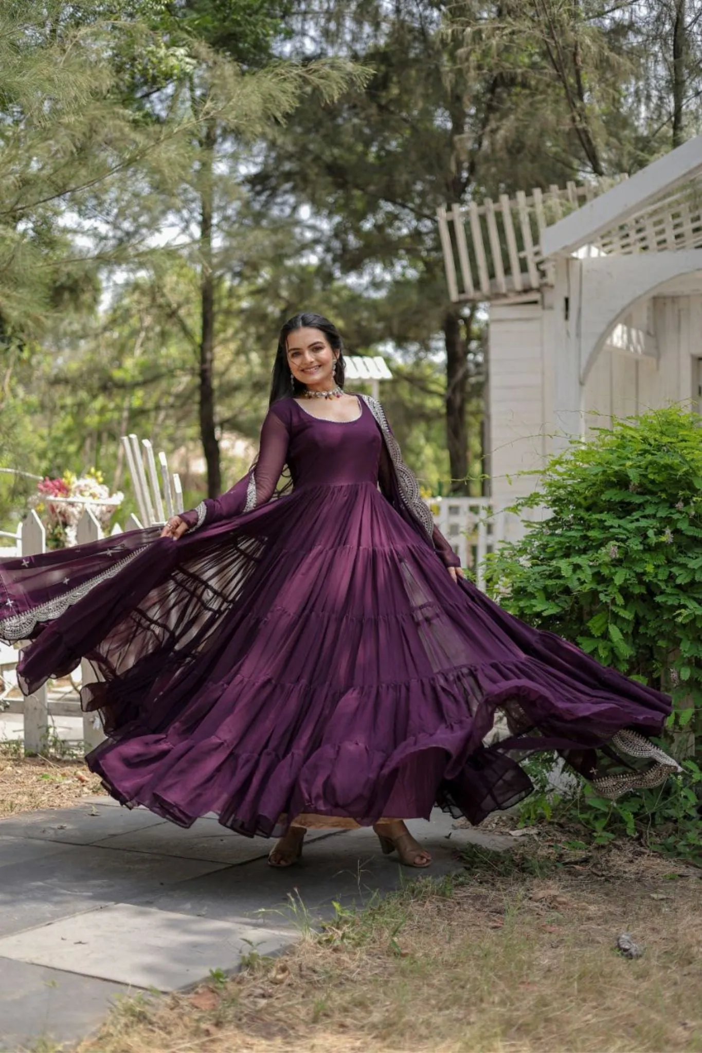 Stylish Women Tiered Gown With Dupatta Set