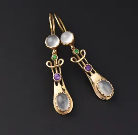 Suffragette 15K Gold Earrings, Moonstone Amethyst Demantoid Garnet