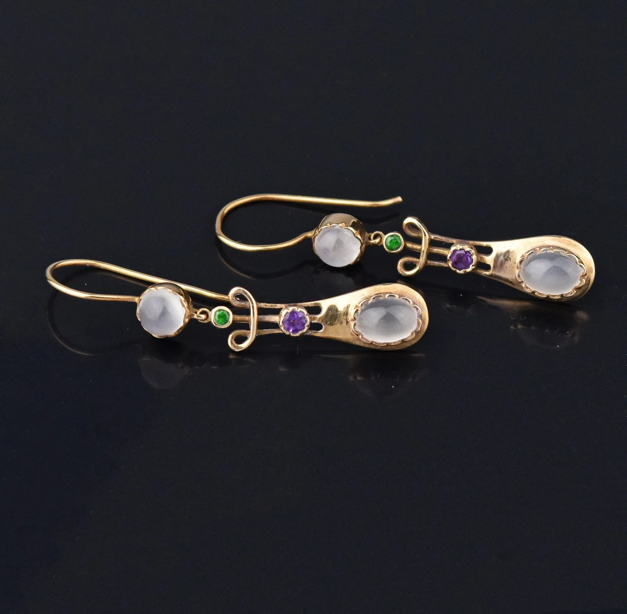 Suffragette 15K Gold Earrings, Moonstone Amethyst Demantoid Garnet