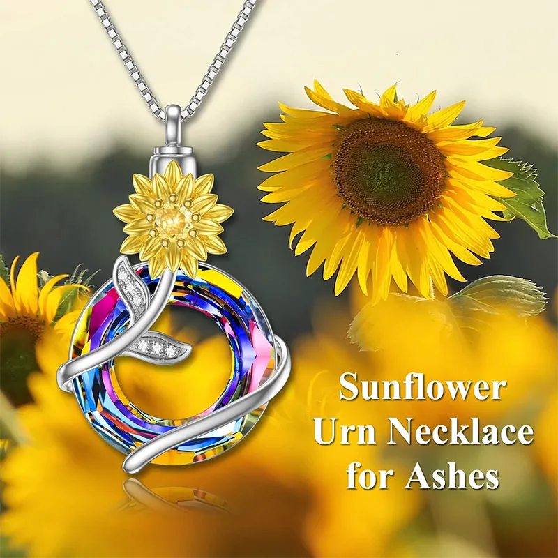 Sunflower Urn Necklace for Ashes 925 Sterling Silver with Crystal Cremation Necklace Memorial Jewelry Keepsake for Women