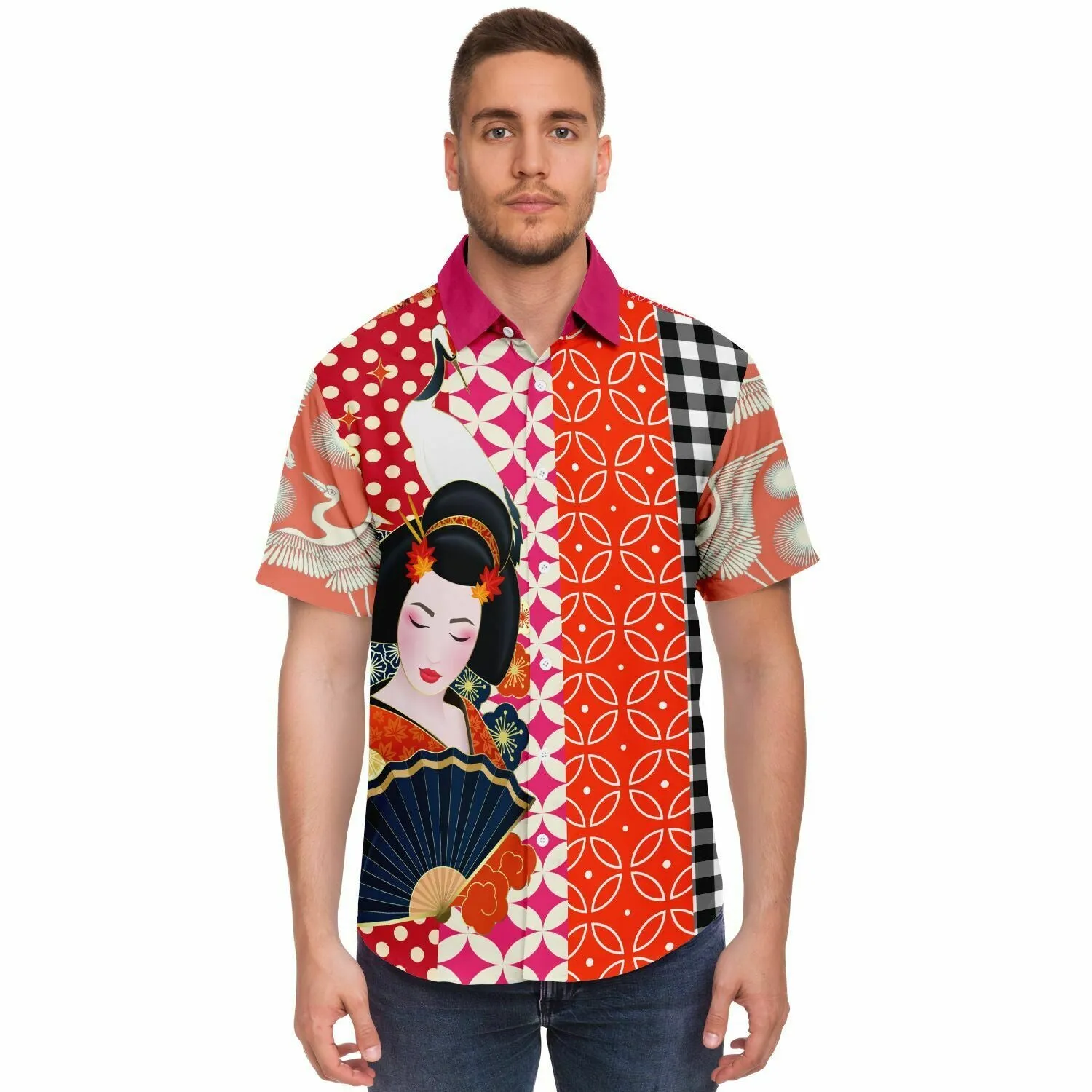 Tokyo Nights Asian Floral Patchwork Button Down Shirt