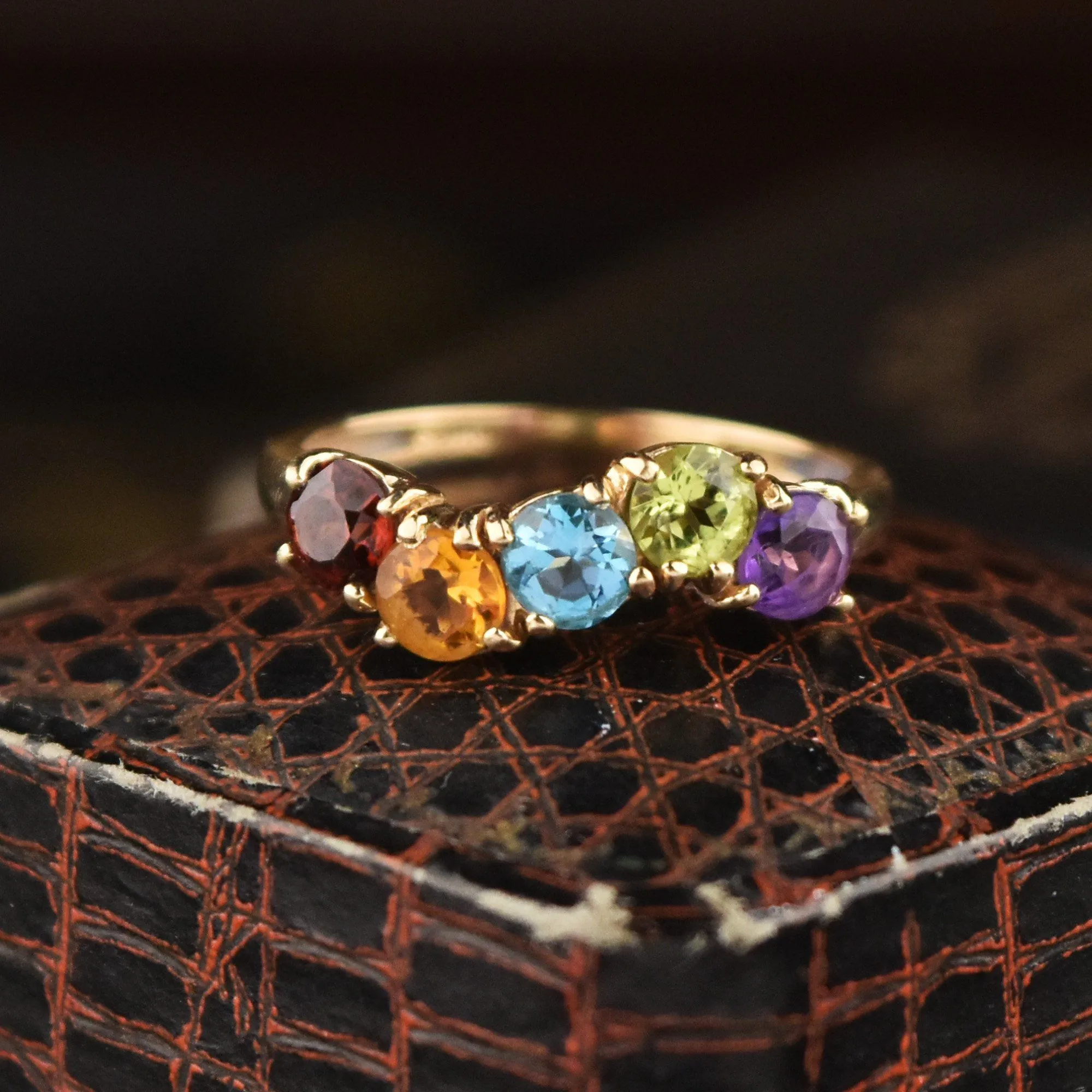 Topaz Peridot Garnet Amethyst Citrine 14K Gold Wave Ring