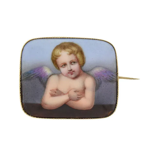 Victorian 14kt Painted Porcelain Cherub Pin