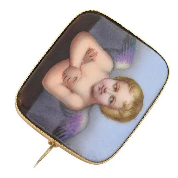 Victorian 14kt Painted Porcelain Cherub Pin