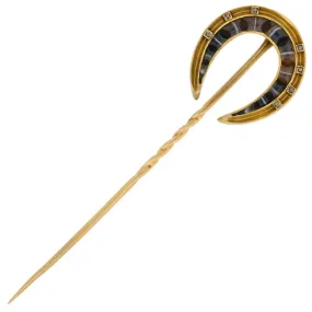 Victorian 18kt/14kt Banded Agate   Rose Cut Diamond Horseshoe Stick Pin