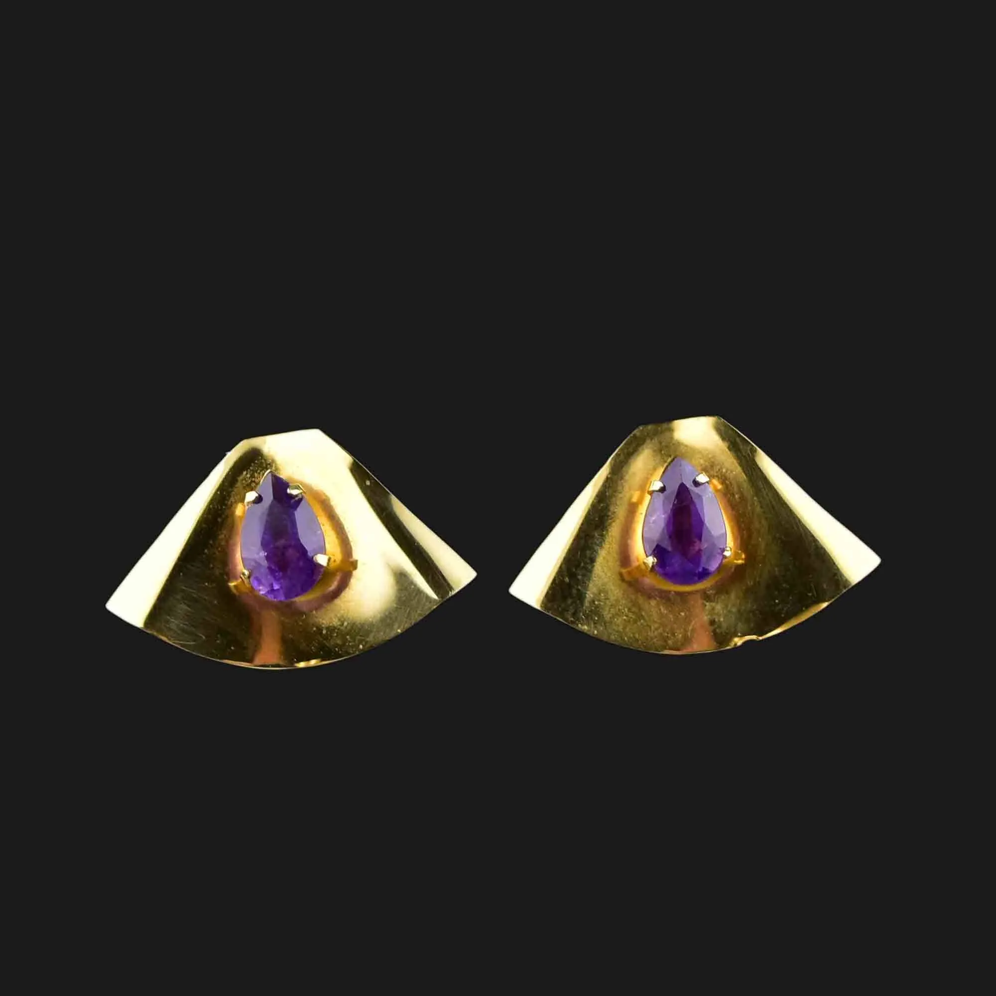 Vintage 10K Gold Fan Amethyst Stud Earrings