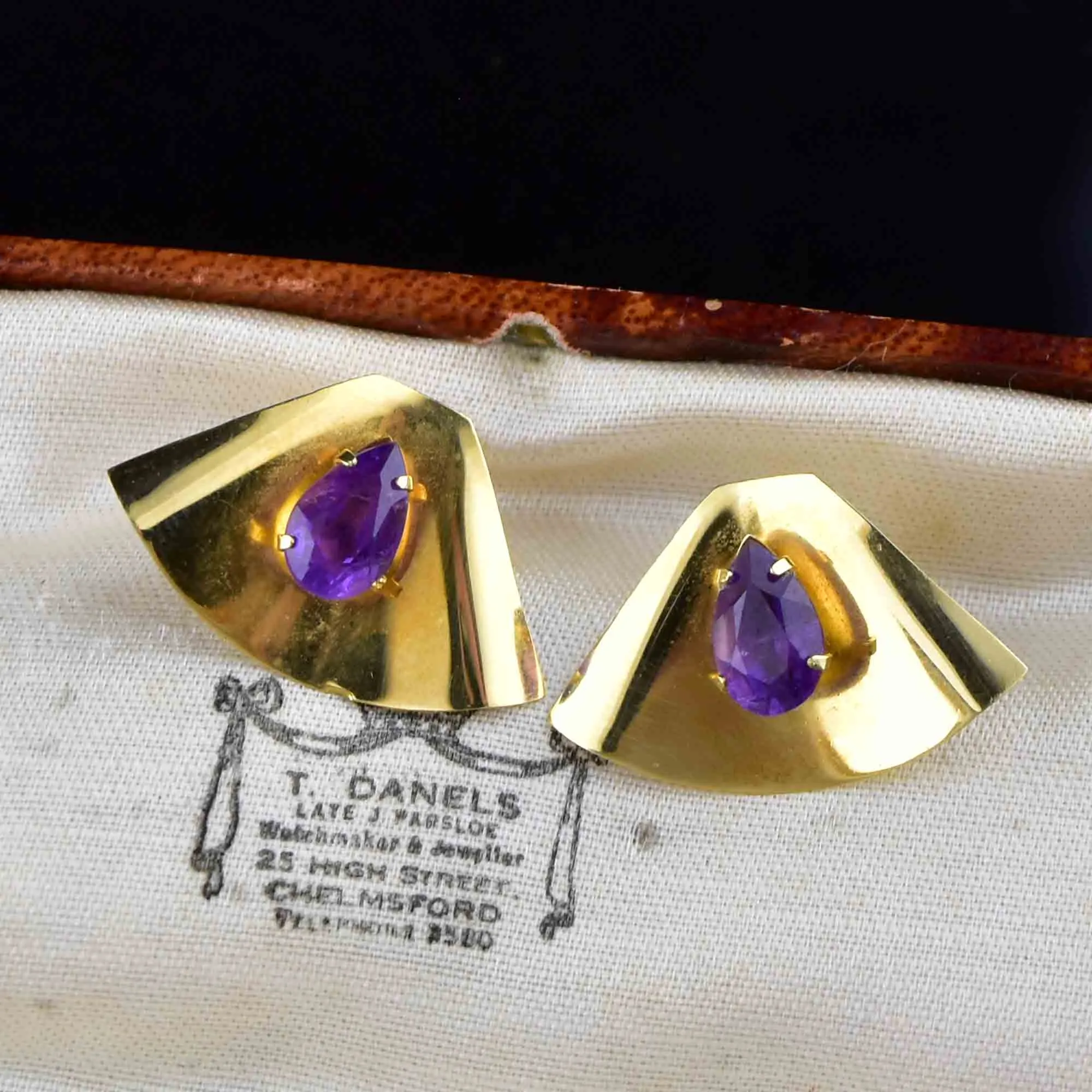 Vintage 10K Gold Fan Amethyst Stud Earrings