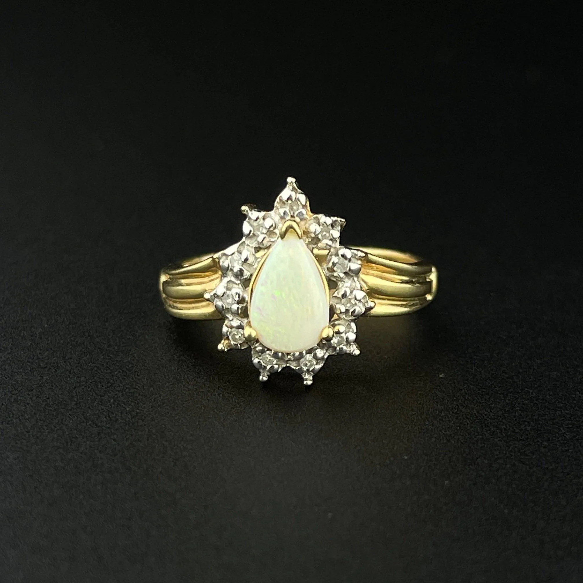 Vintage 14K Gold Pear Opal Diamond Halo Ring, Sz 5