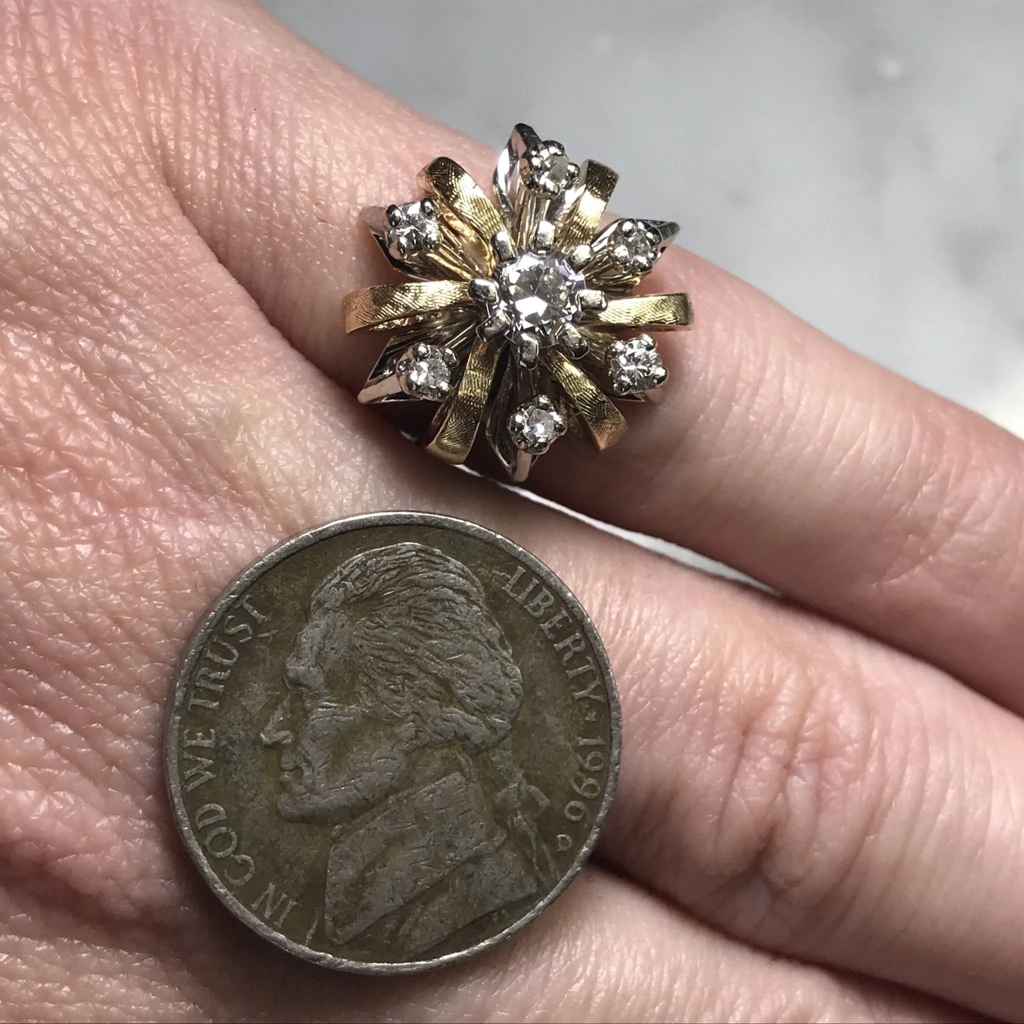 Vintage Diamond Cluster Ring in 14K Gold Starburst Setting. April Birthstone. APPRAISED