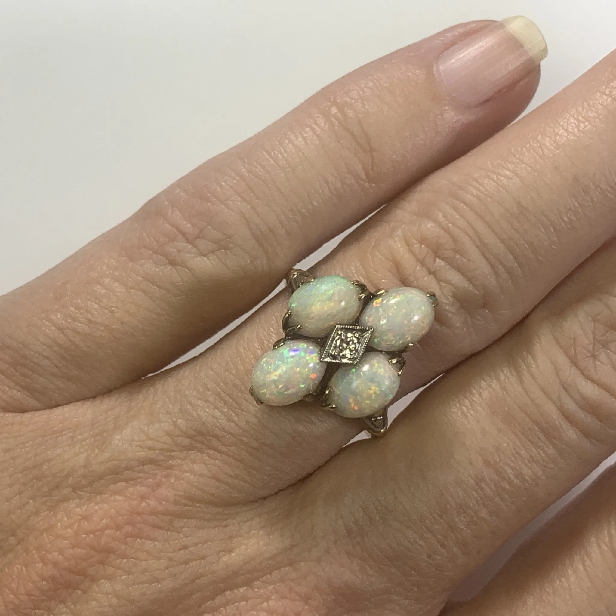 Vintage Opal and Diamond Statement Ring set in Yellow Gold. October Birthstone. 1950s Estate Jewelry