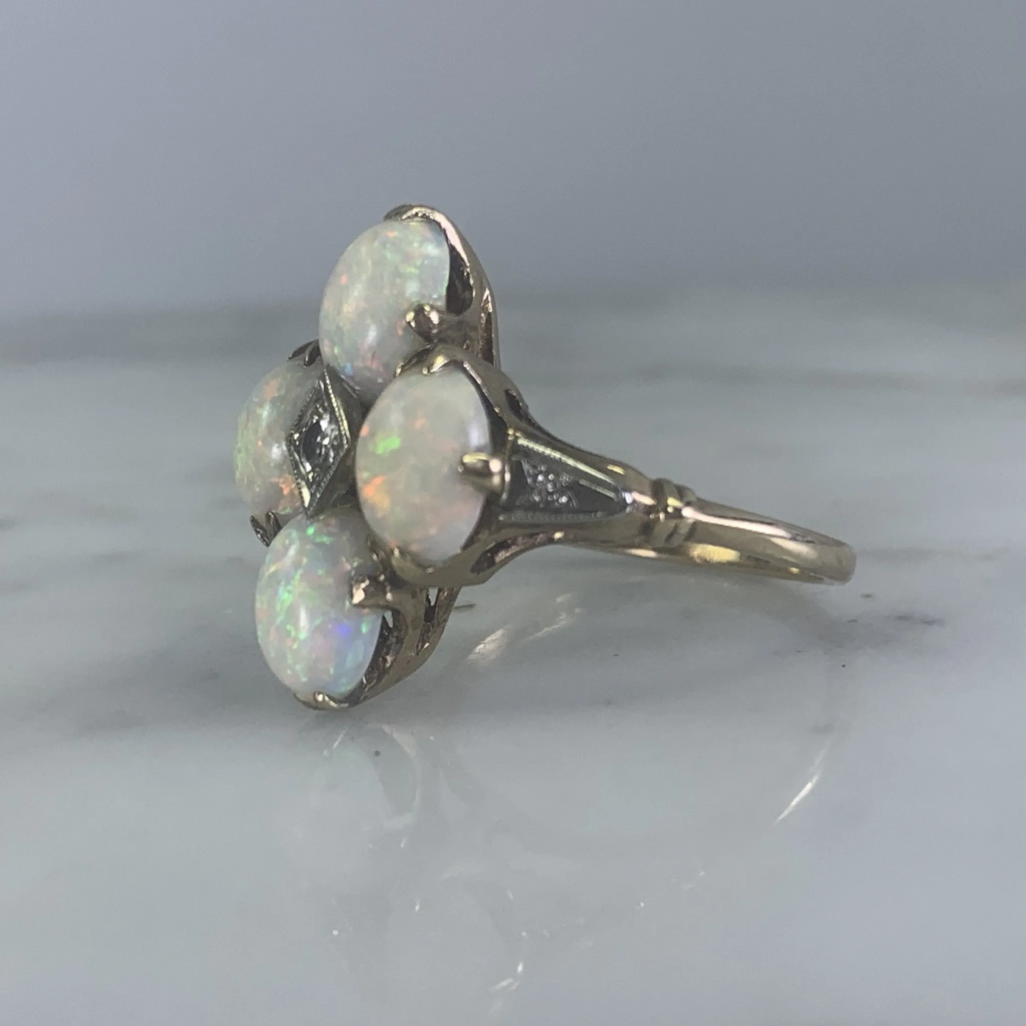 Vintage Opal and Diamond Statement Ring set in Yellow Gold. October Birthstone. 1950s Estate Jewelry