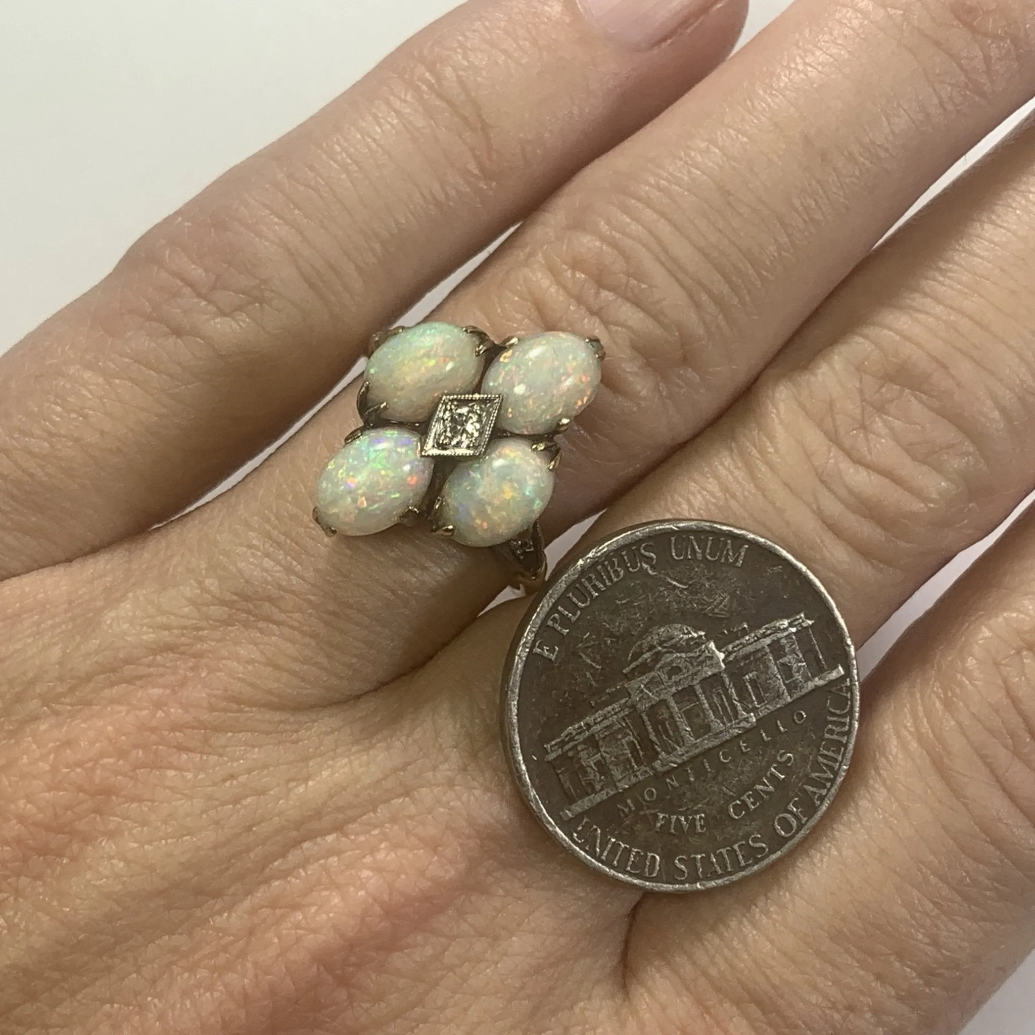 Vintage Opal and Diamond Statement Ring set in Yellow Gold. October Birthstone. 1950s Estate Jewelry