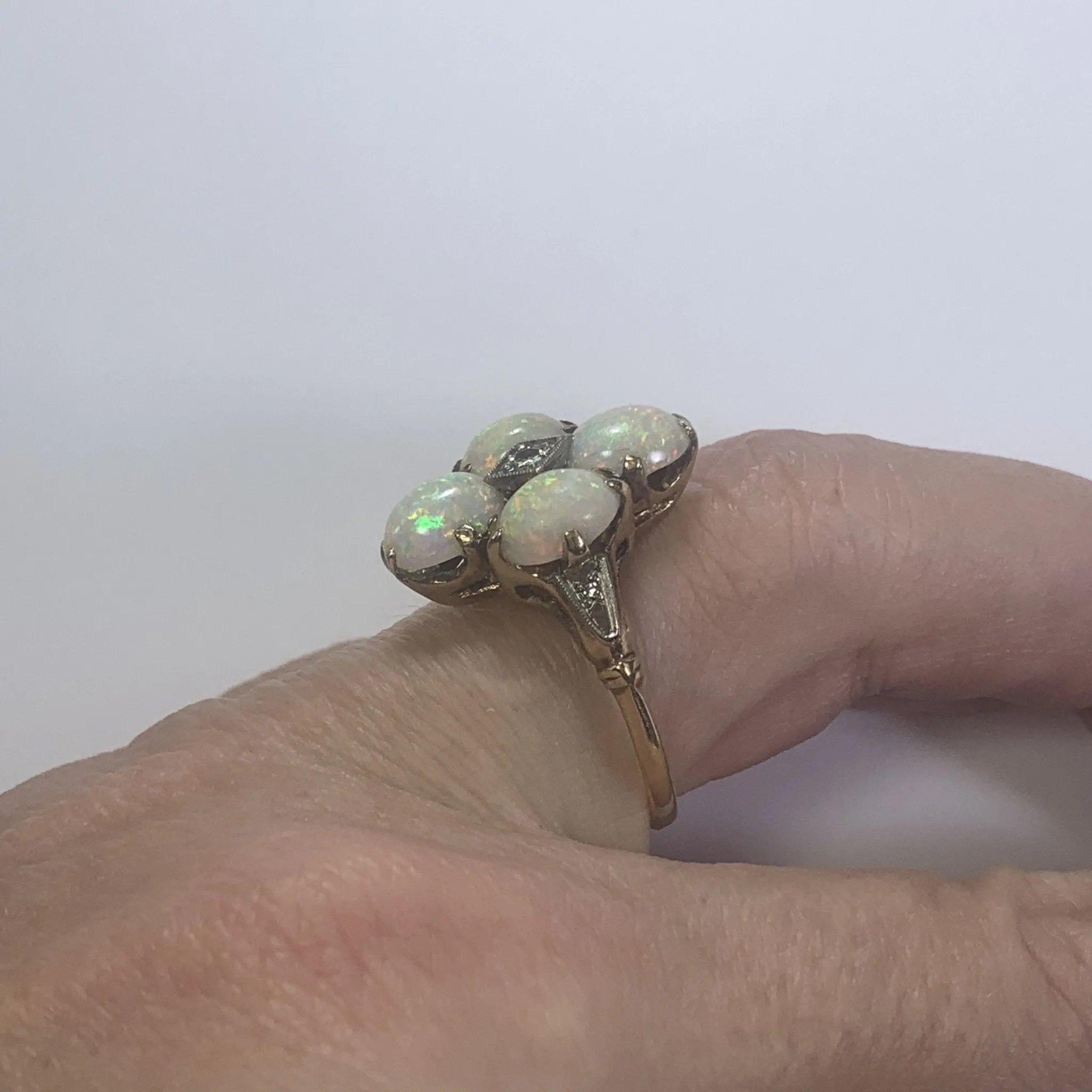 Vintage Opal and Diamond Statement Ring set in Yellow Gold. October Birthstone. 1950s Estate Jewelry