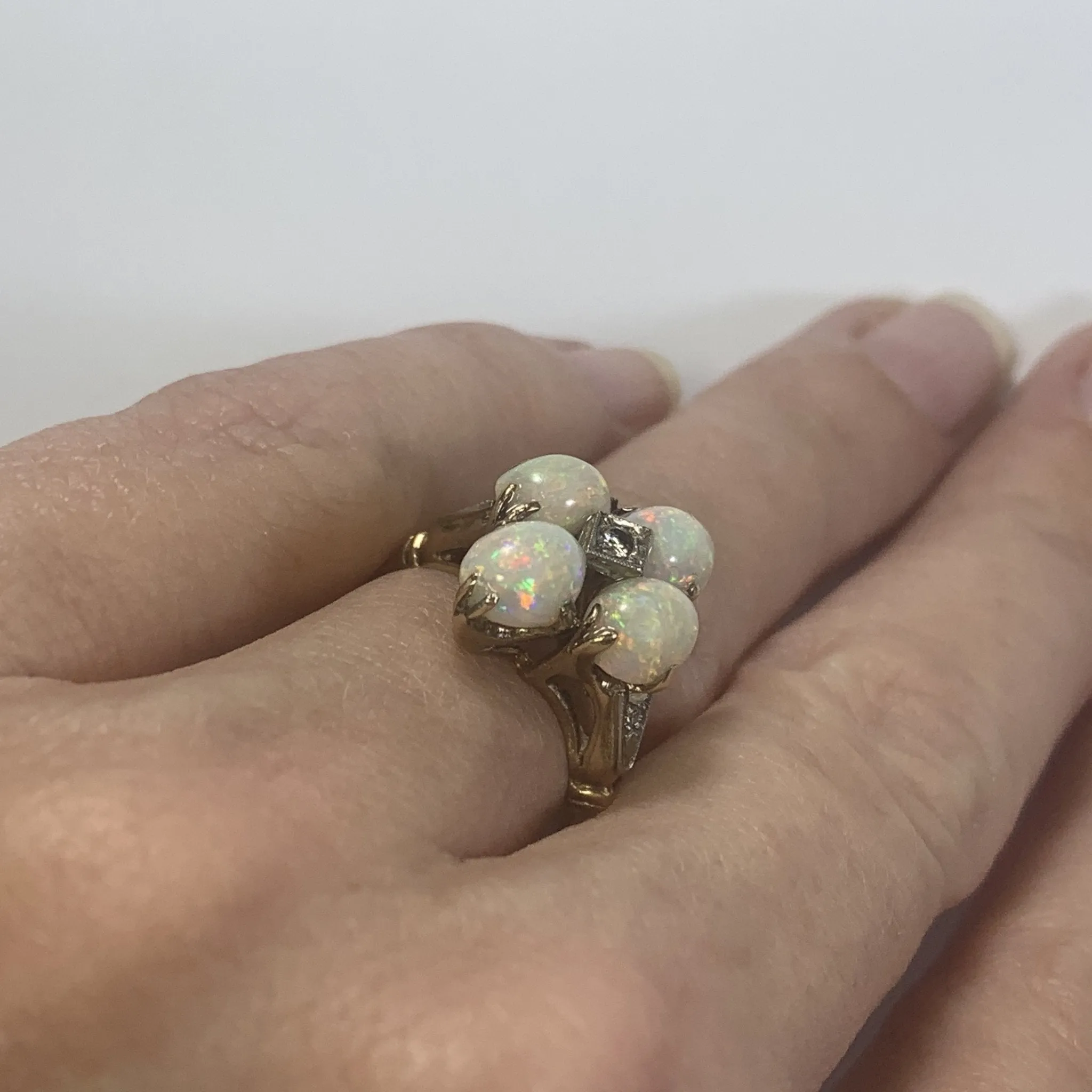 Vintage Opal and Diamond Statement Ring set in Yellow Gold. October Birthstone. 1950s Estate Jewelry