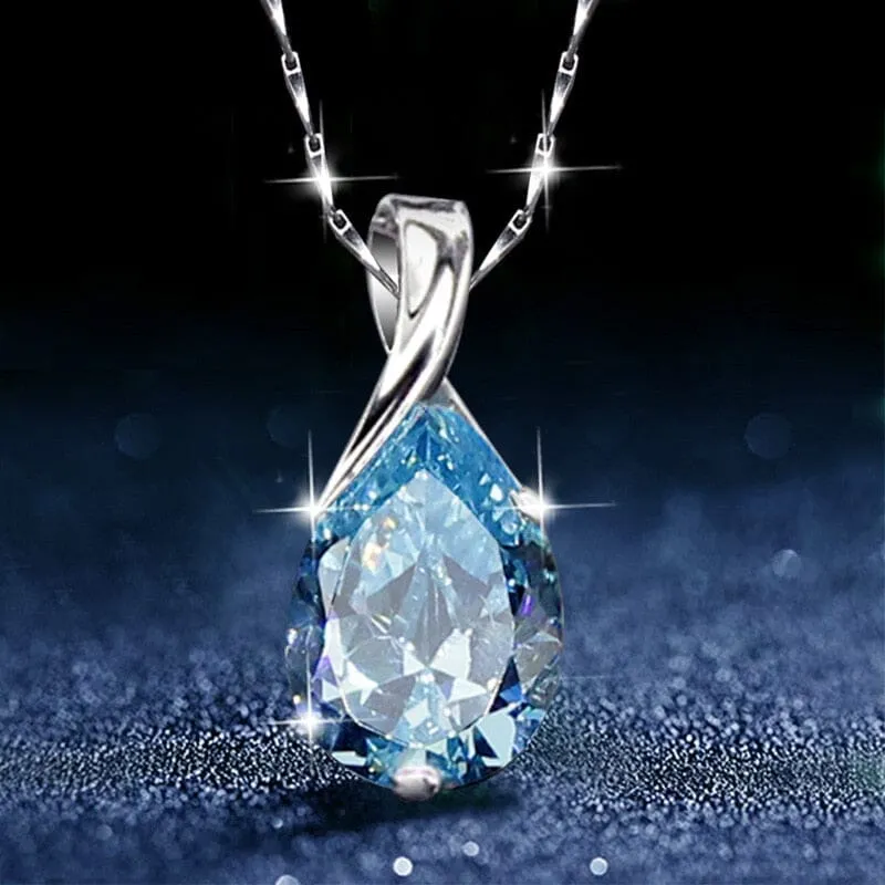 Water Drop Shaped Aquamarine Pendant Necklace - 925 Sterling Silver