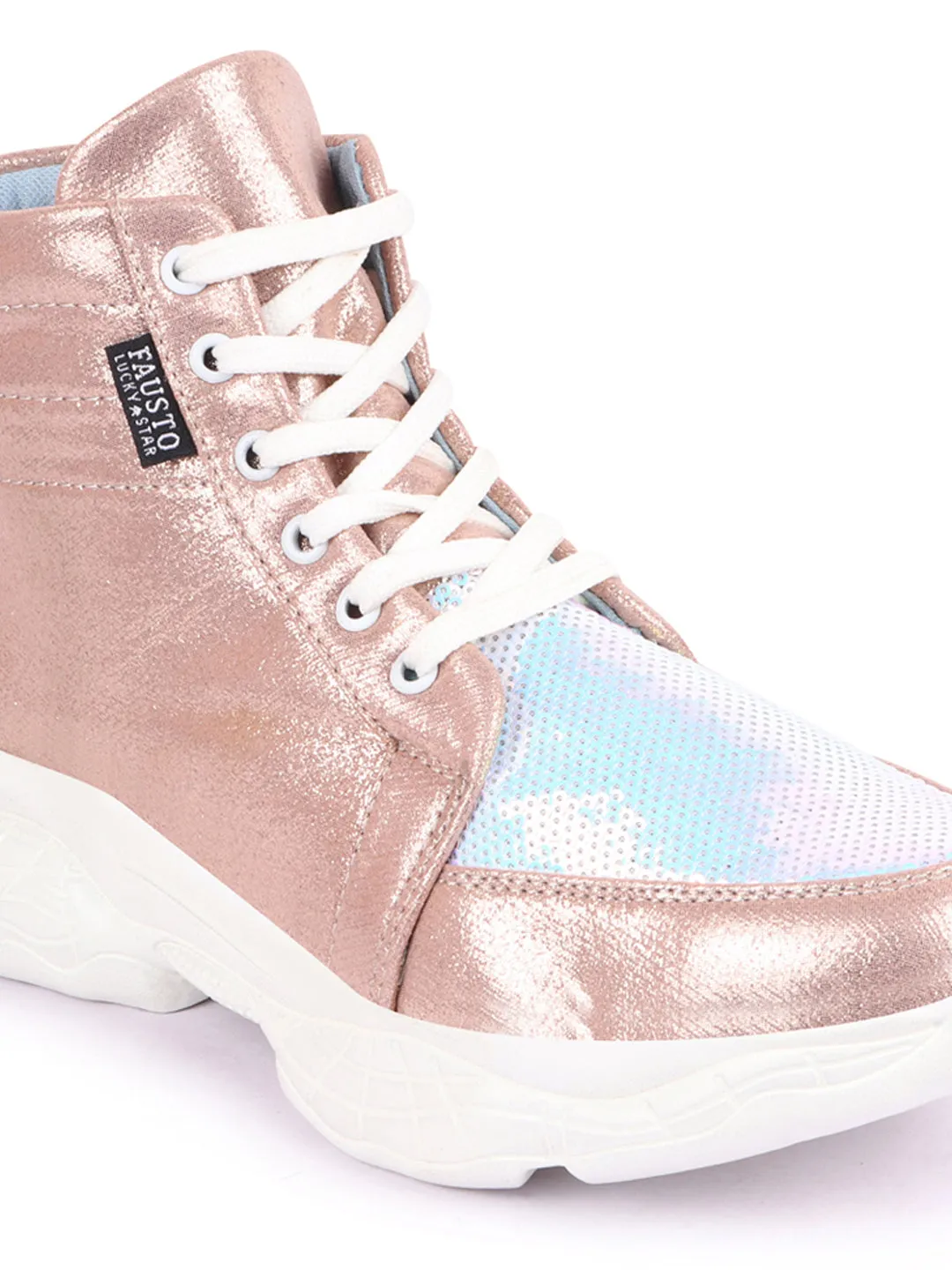 Women Pink High Ankle Lace Up Embellished Sneakers