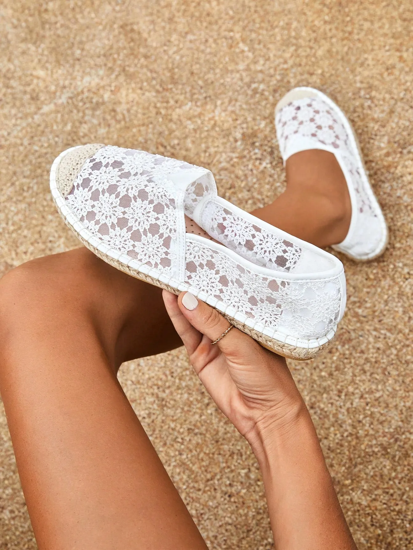 Women Shoes Lace Panel Slip On Espadrille Lightweight Vacation White Outdoor Flats