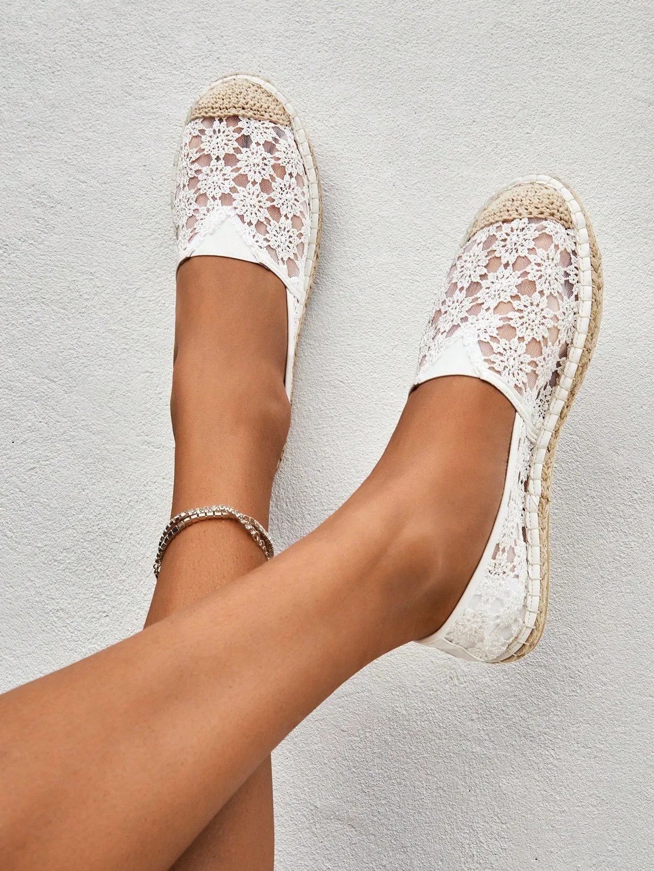 Women Shoes Lace Panel Slip On Espadrille Lightweight Vacation White Outdoor Flats