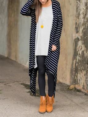 Women Striped Irregular Long Cardigan Loose Coat