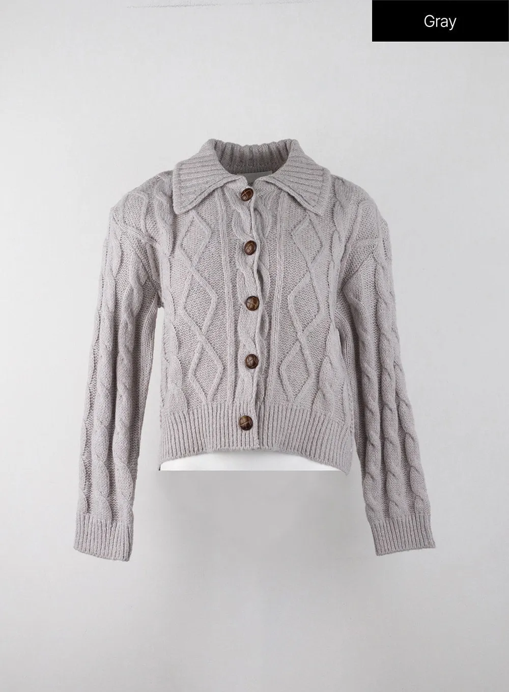 Wool-Blend Cable Knit Collar Solid Button Cardigan IJ402