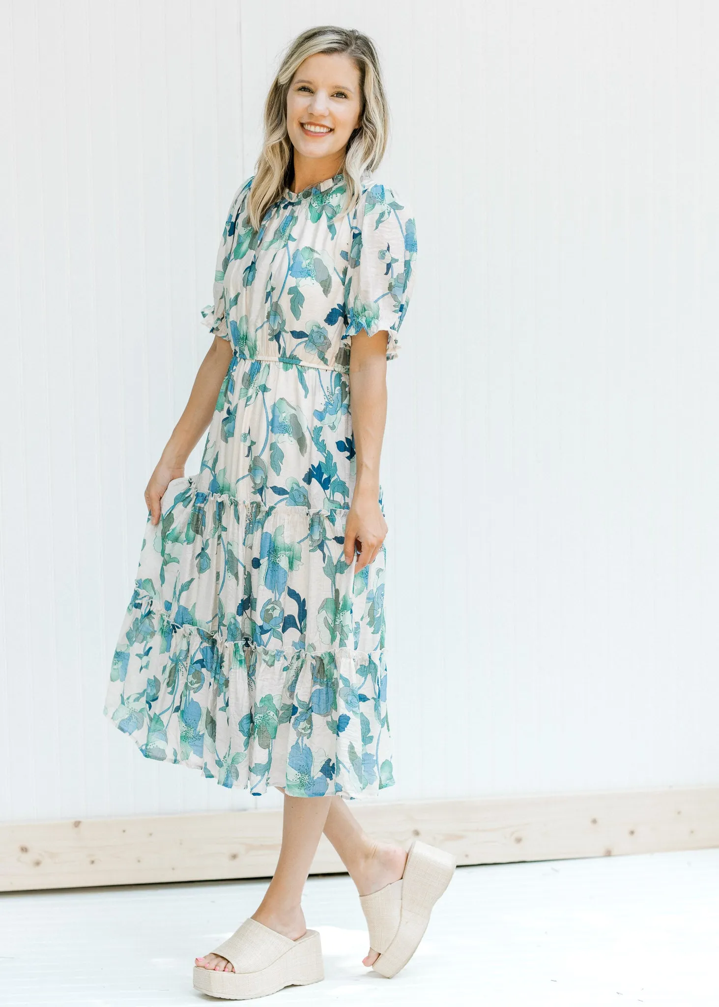 X Blue, Green Cream Floral Midi