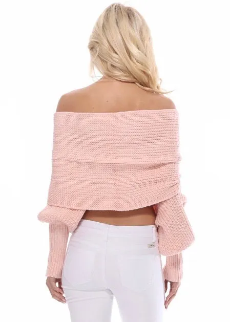 Yemak Off The Shoulder Long Sleeve Wrap Sweater Shawl (Blush) KC003